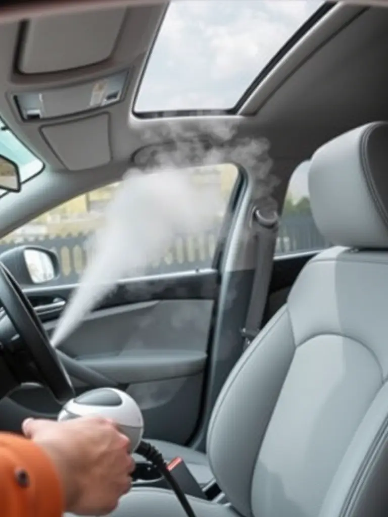 A person using a steam cleaner on a car interior, focusing on the removal of stains and odors. The image should emphasize the ability of steam to sanitize and refresh vehicle interiors.