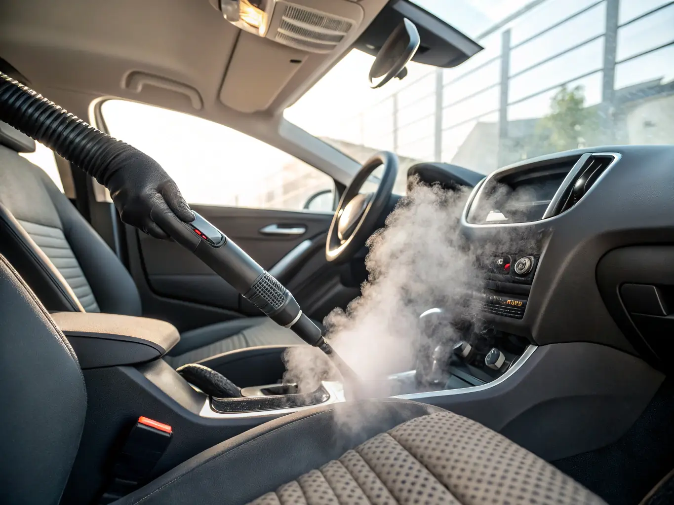 A gleaming car interior after being steam cleaned by Extreme Steam Cleaning, showcasing the removal of dirt and grime from the seats and dashboard.