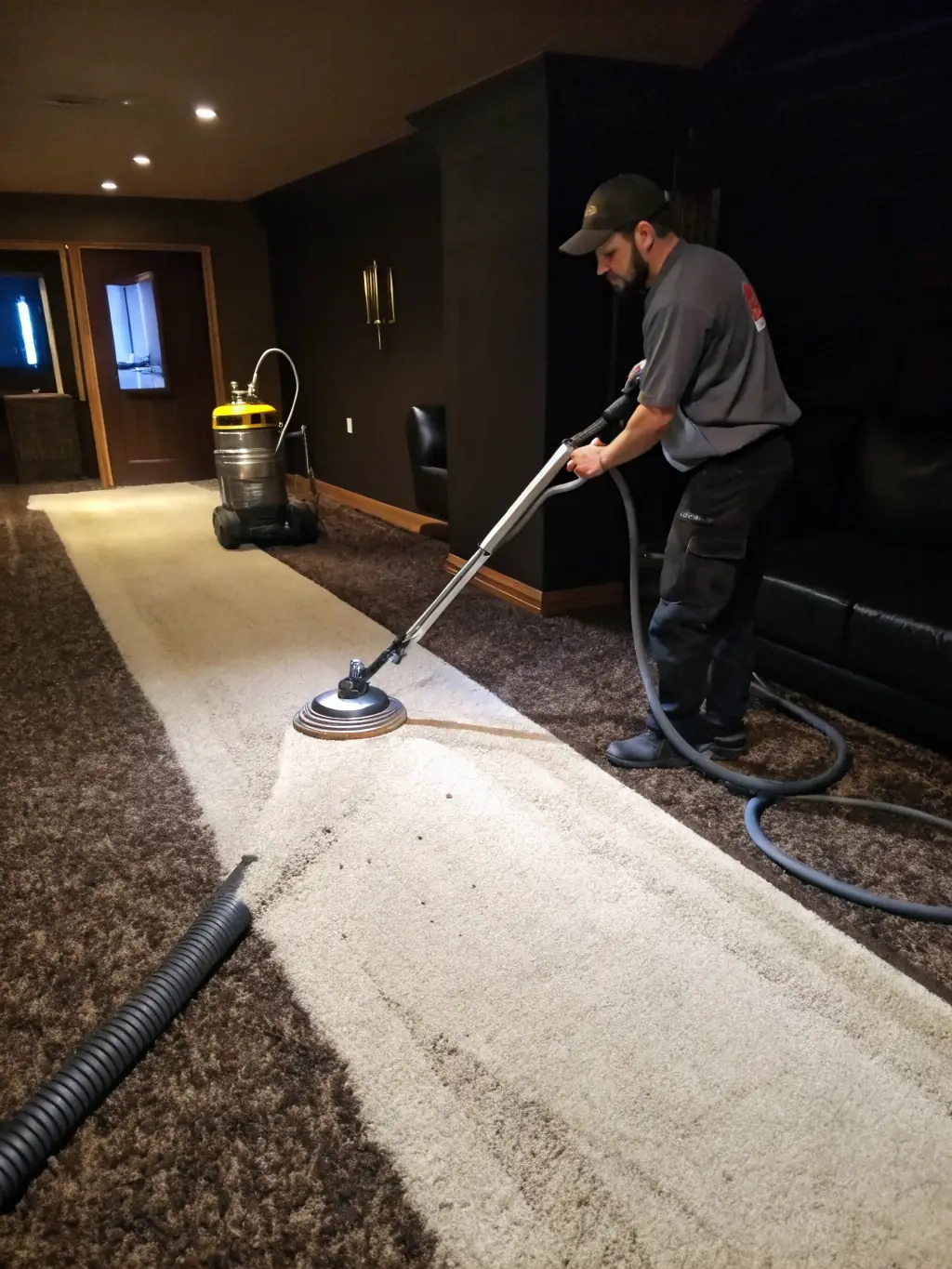 A close-up shot of steam cleaning a carpet, showing the dirt and grime being lifted away. The image should convey the effectiveness of steam in removing deep-seated stains and allergens.