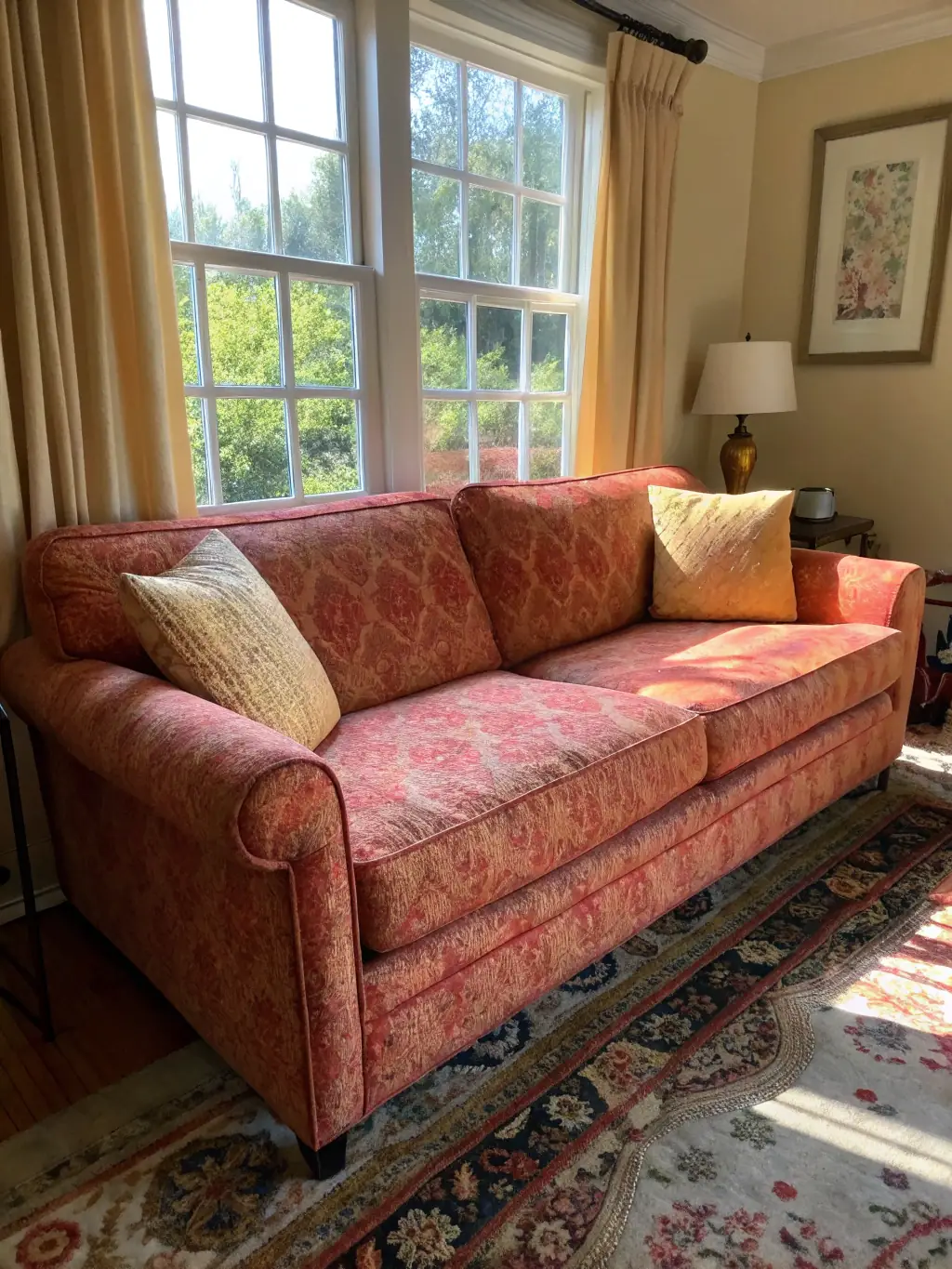 A clean, bright living room with freshly steam-cleaned carpets and furniture, showcasing the effectiveness of residential steam cleaning.