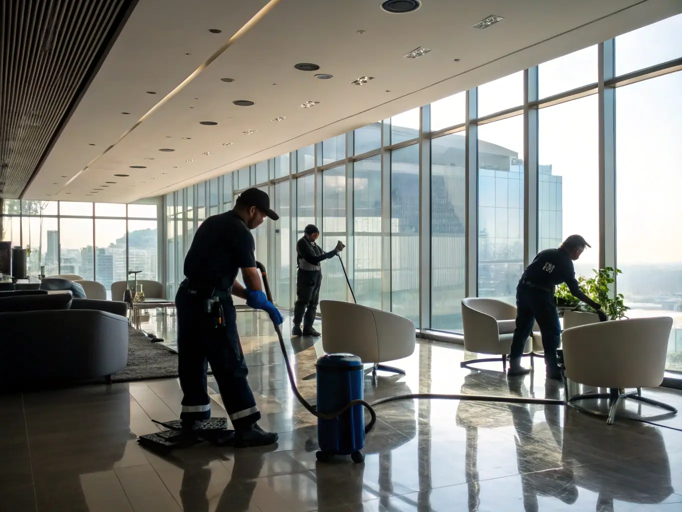 A modern office space where a cleaning crew from Extreme Steam Cleaning is steam cleaning the carpets and furniture, ensuring a clean and professional environment.