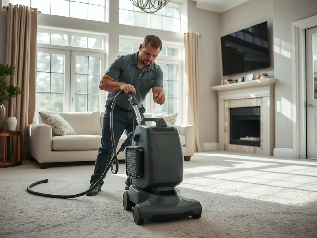 A brightly lit living room where a professional from Extreme Steam Cleaning is using a steam cleaner on a carpet, with a happy family visible in the background.